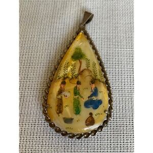 Vintage persian double sided painted shell story pendant Estate jewelry